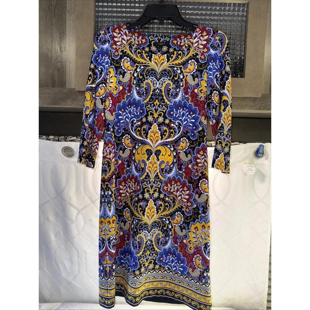 Talbots Size P Womens Rayon Paisley 3/4 Sleeve Shift Dress Gold Navy Arts